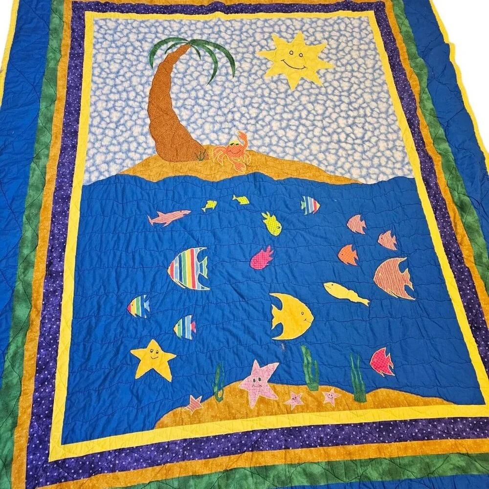 90s Beach Themed Tropical Kids Quilt Ocean Fish Appliques Full Size Under‎ Sea